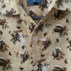 P.J. Salvage Tan Western Cowboy and Horses Rodeo Print Flannel Pajama Shirt SZ M